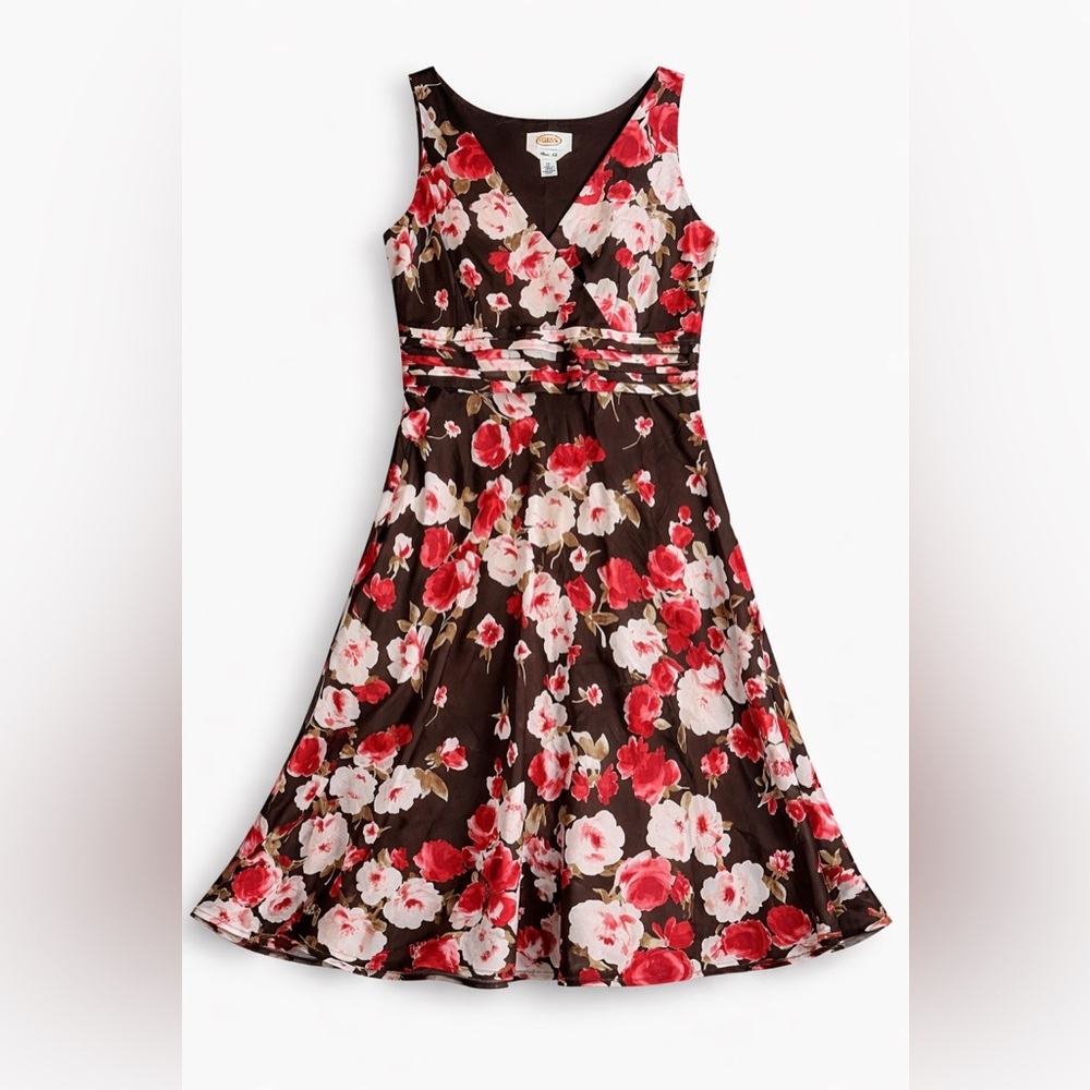 Talbots Pure Silk Floral Fit & Flare Dress Brown Pink White Sleeveless Size 12